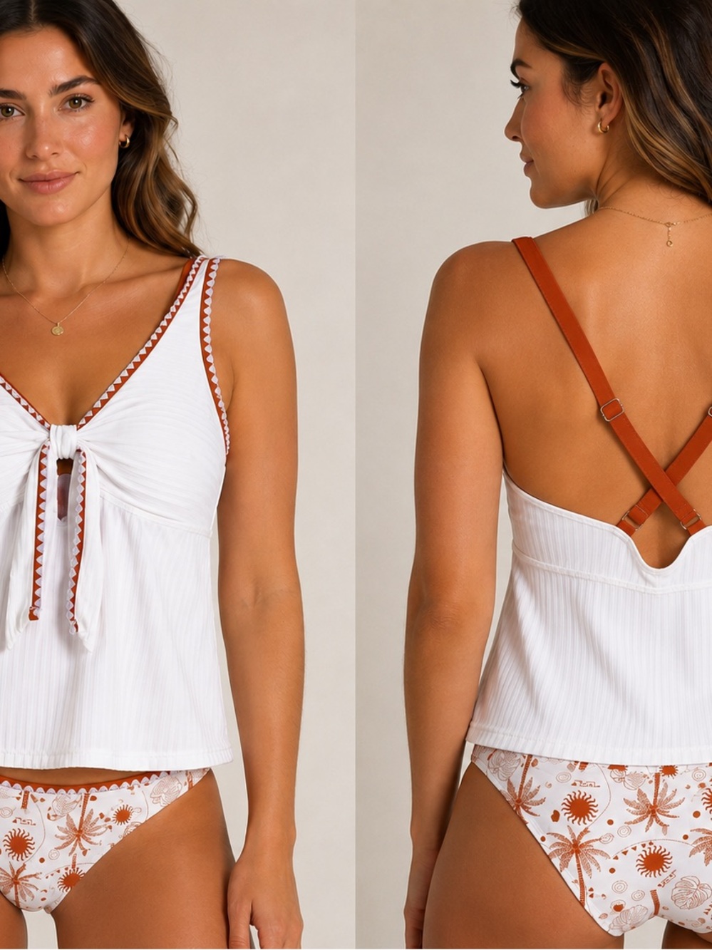 Women’s White Tie-Front Tankini with Rust Trim